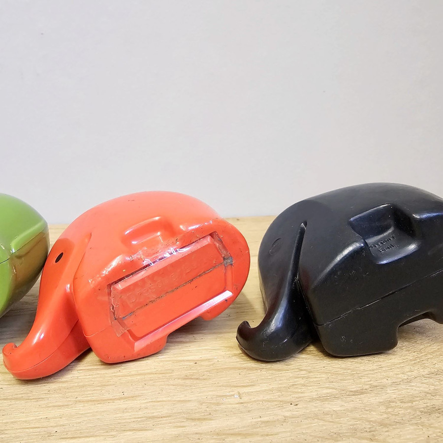 4 Drumbo elephant money banks – Dresdner Bank, Bernd Diefenbach 1972, Colani elephant