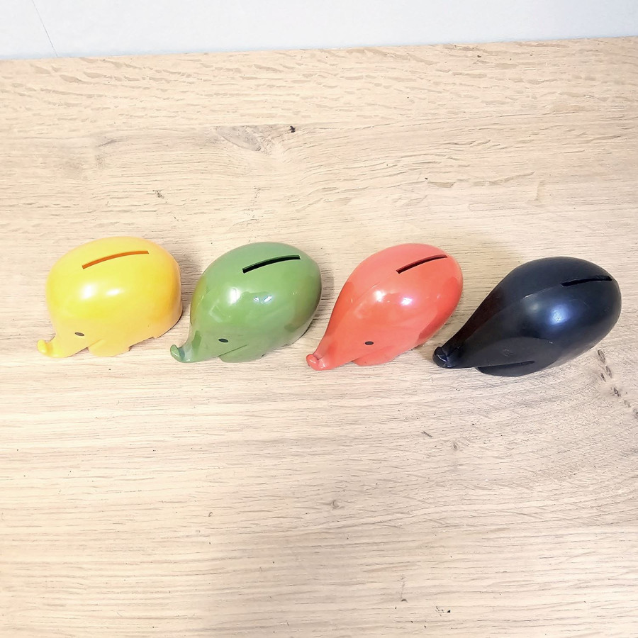 4 Drumbo elephant money banks – Dresdner Bank, Bernd Diefenbach 1972, Colani elephant