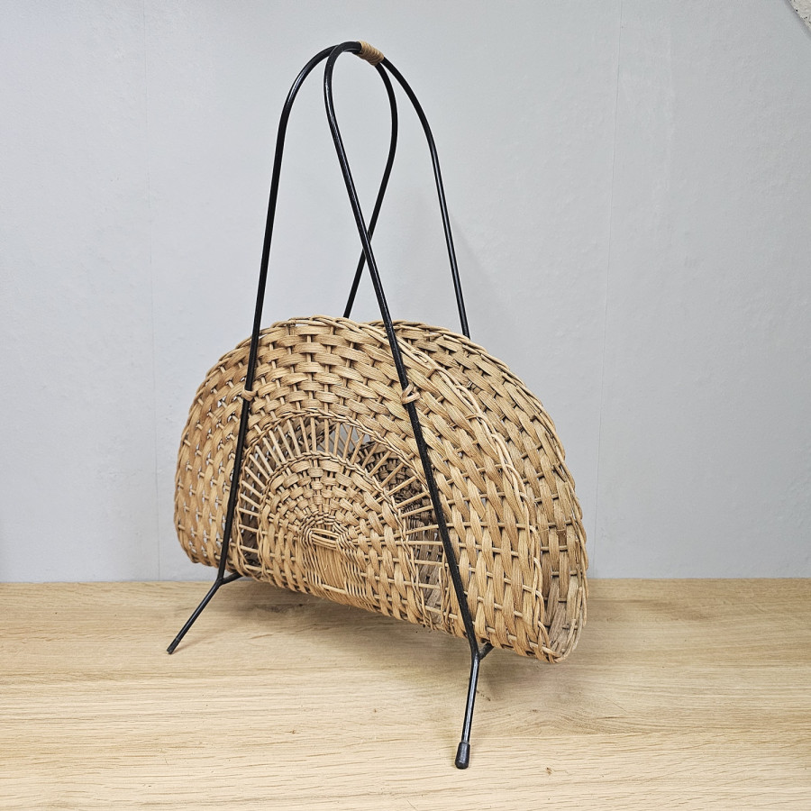 Vintage Mid-Century Zeitungsständer aus Rattan und Metall, 1950er