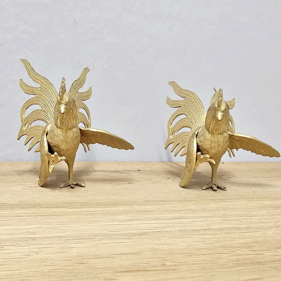 Vintage Gold-Colored Fighting Roosters · Metal Casting · 1960s/70s