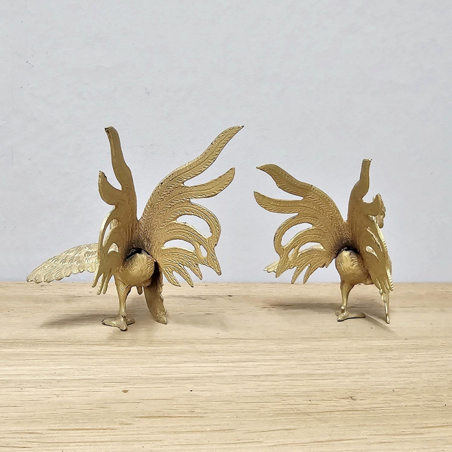 Vintage Gold-Colored Fighting Roosters · Metal Casting · 1960s/70s