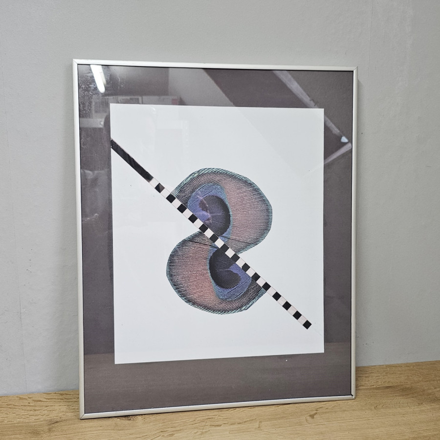 Vintage-Pfauenfeder-Druck (40 × 49 cm) – diagonale Grafik, Edelstahl-Rahmen, 80/90er Jahre