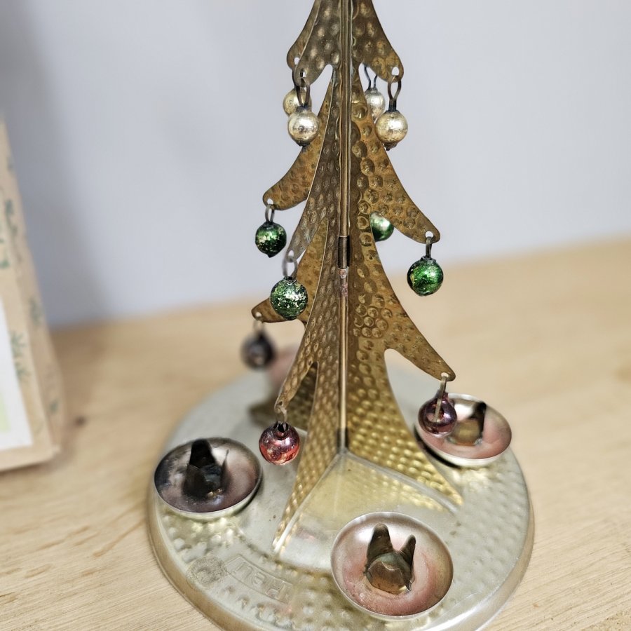 Vintage East German Christmas Chime • Metal Carousel Pyramid with Lauscha Glass Ornaments (1950s, boxed)