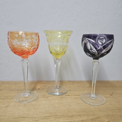 3 Vintage Weinrömer Überfangglas geschliffen – Kristallgläser bunt im Set