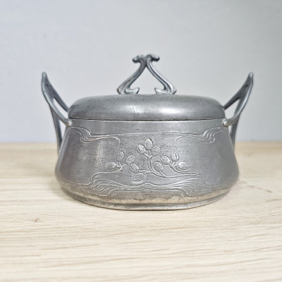 Jugendstil Zinn Zuckerdose / Kaviardose mit Glaseinsatz