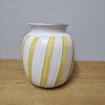 Vintage Keramikvase Strehla Form 1518 – gelb weiß gestreift – DDR 60er