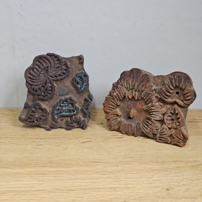 2 antique wood textile printing blocks / hand carved fabric print stamps / folk art