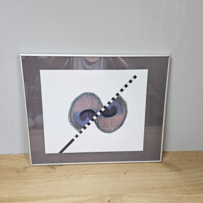Vintage-Pfauenfeder-Druck (40 × 49 cm) – diagonale Grafik, Edelstahl-Rahmen, 80/90er Jahre